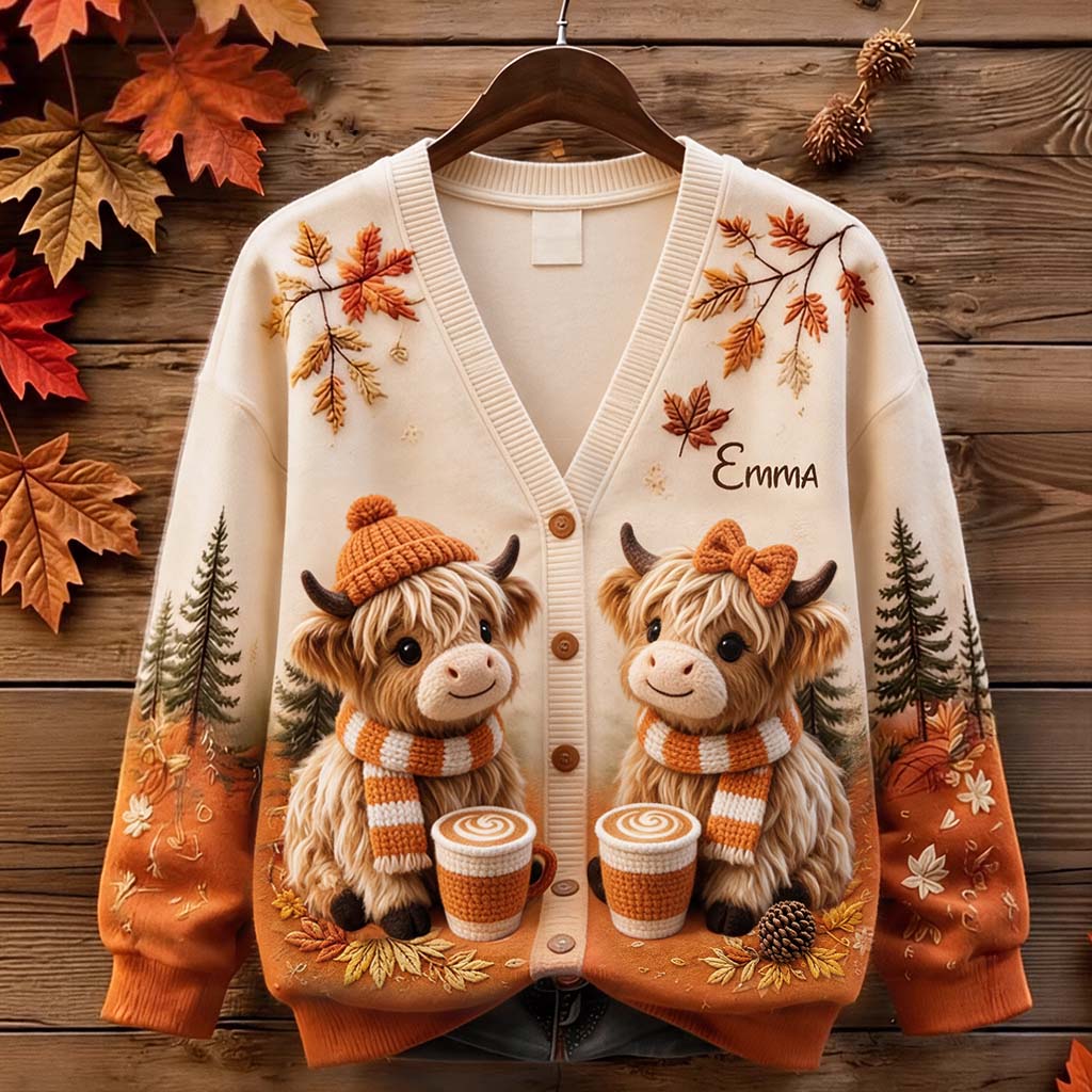 It's Pumpkin Spice Latte Season - Personalized Highland Cow Cardigan Sweater