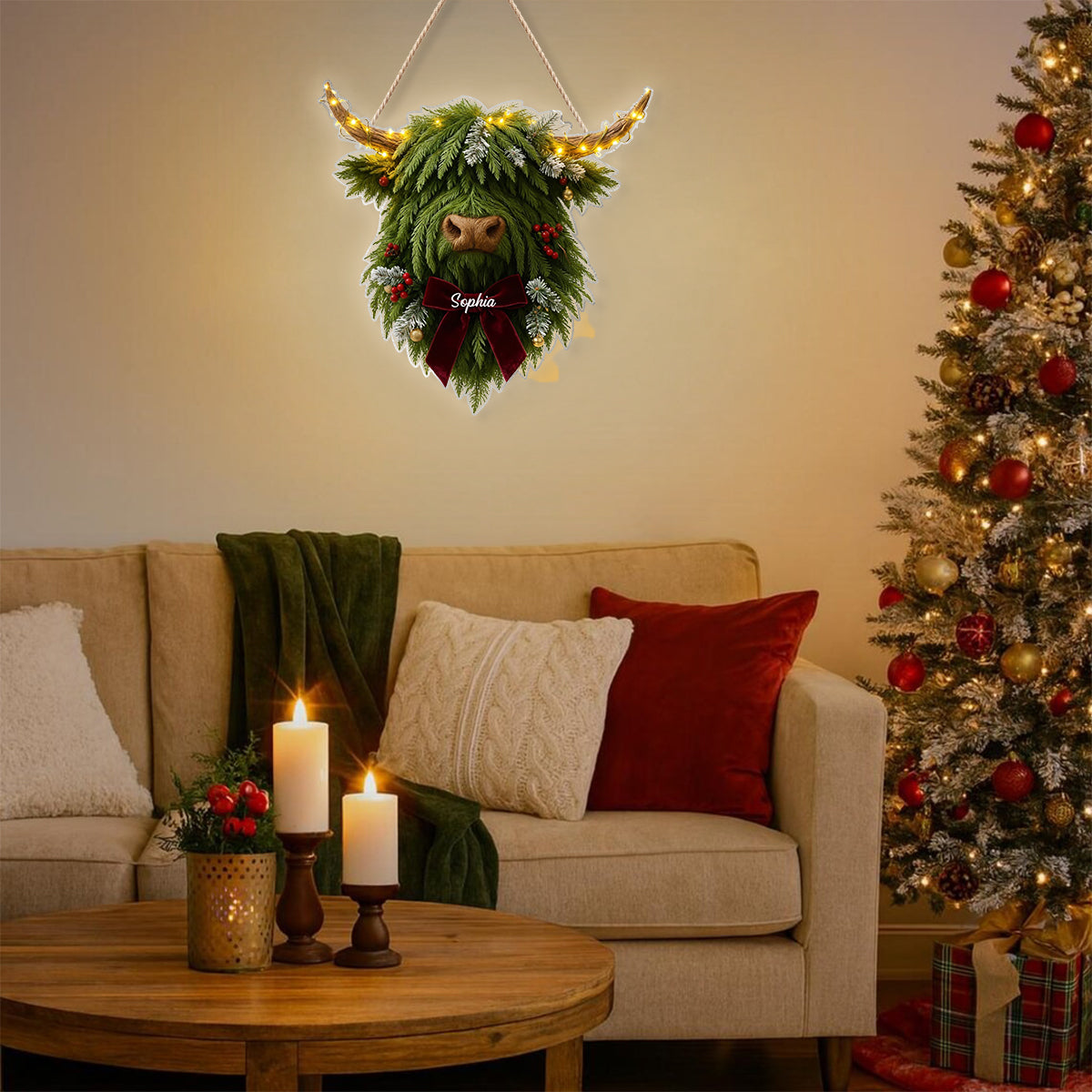 Couronne de vaches des Highlands - Panneau lumineux LED personnalisé en acrylique représentant une vache des Highlands