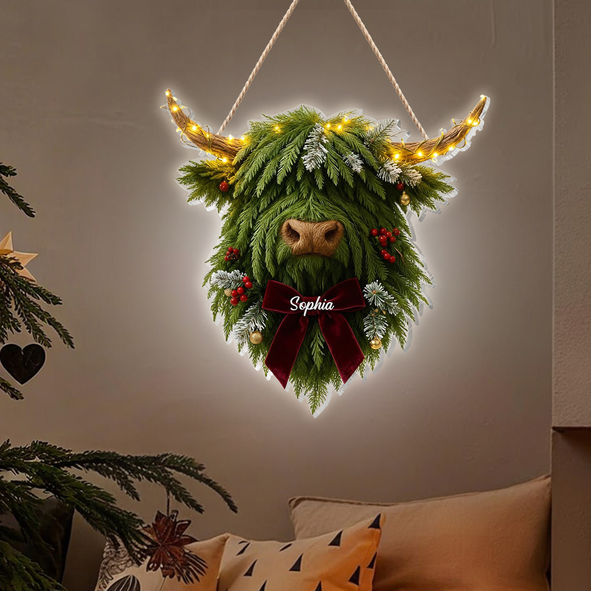 Couronne de vaches des Highlands - Panneau lumineux LED personnalisé en acrylique représentant une vache des Highlands