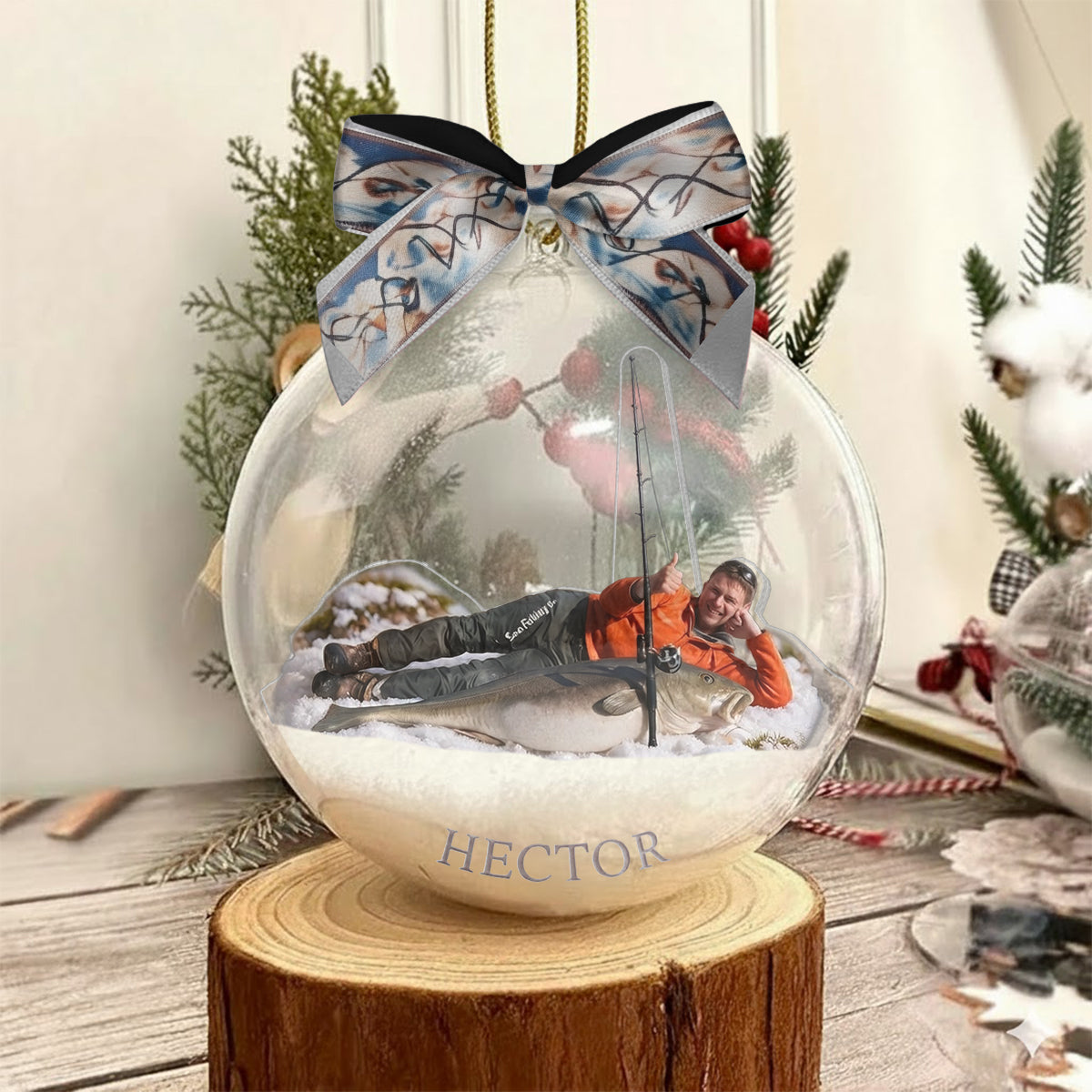 Noël du Pêcheur - Ornement de Boule à Neige Personnalisé avec Nœud