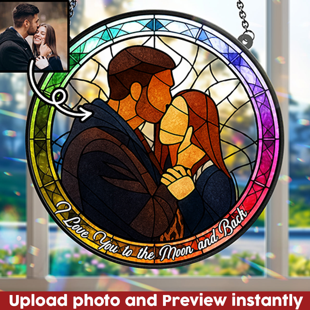 Custom Photo Portrait Couple Family Stained Glass Style - Personalized Couple Window Hanging Suncatcher Ornament