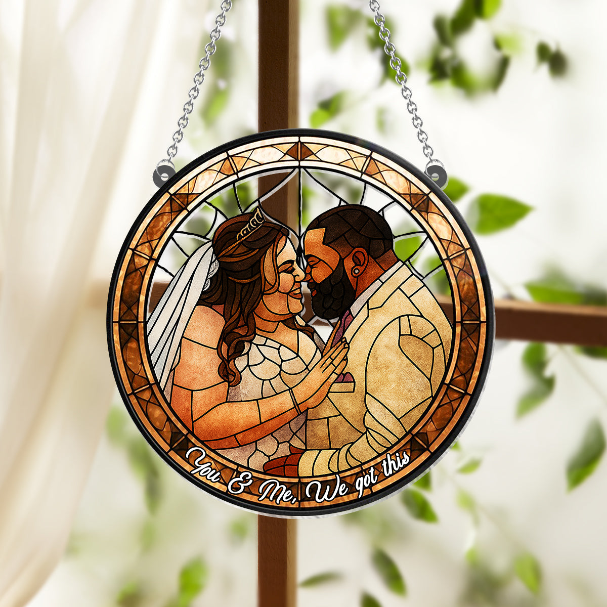 Custom Photo Portrait Couple Family Stained Glass Style - Personalized Couple Window Hanging Suncatcher Ornament