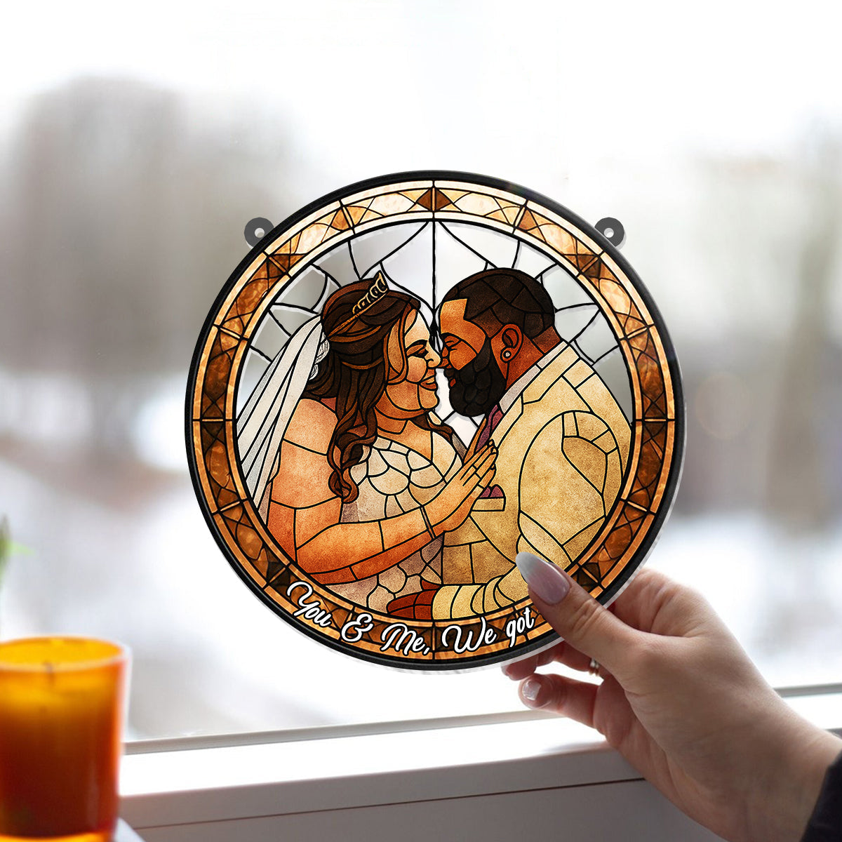 Custom Photo Portrait Couple Family Stained Glass Style - Personalized Couple Window Hanging Suncatcher Ornament