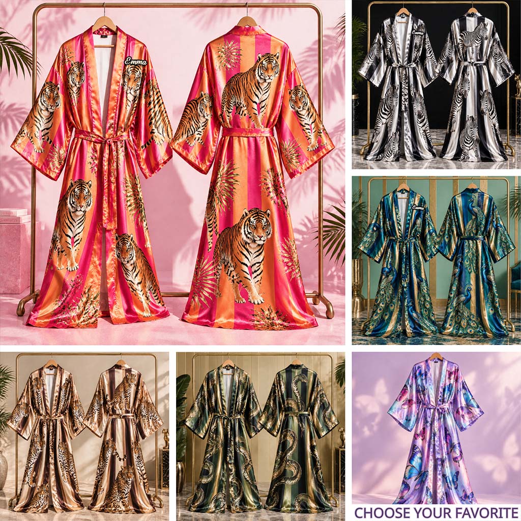 Robe Satin Personnalisée - Tigre, Léopard, Papillon, Paon, Zebra, Serpent