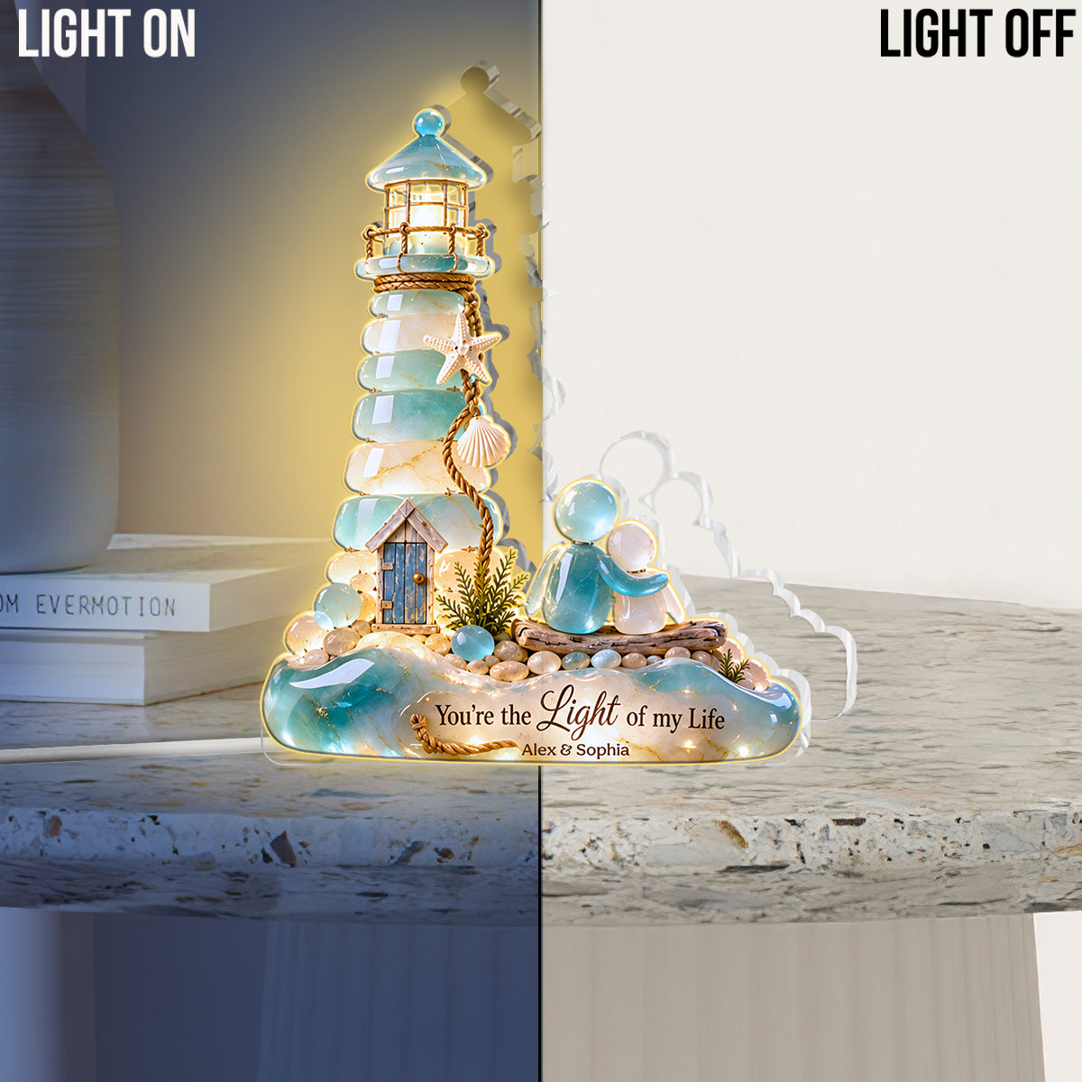 Lighthouse Couple Natural Stone - Personalized Couple Acrylic LED Night Light