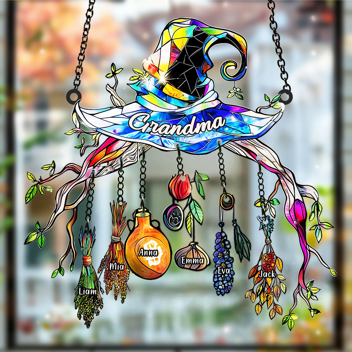 Grandma Mom Witch Hat - Personalized Grandma Window Hanging Suncatcher With Custom Charms