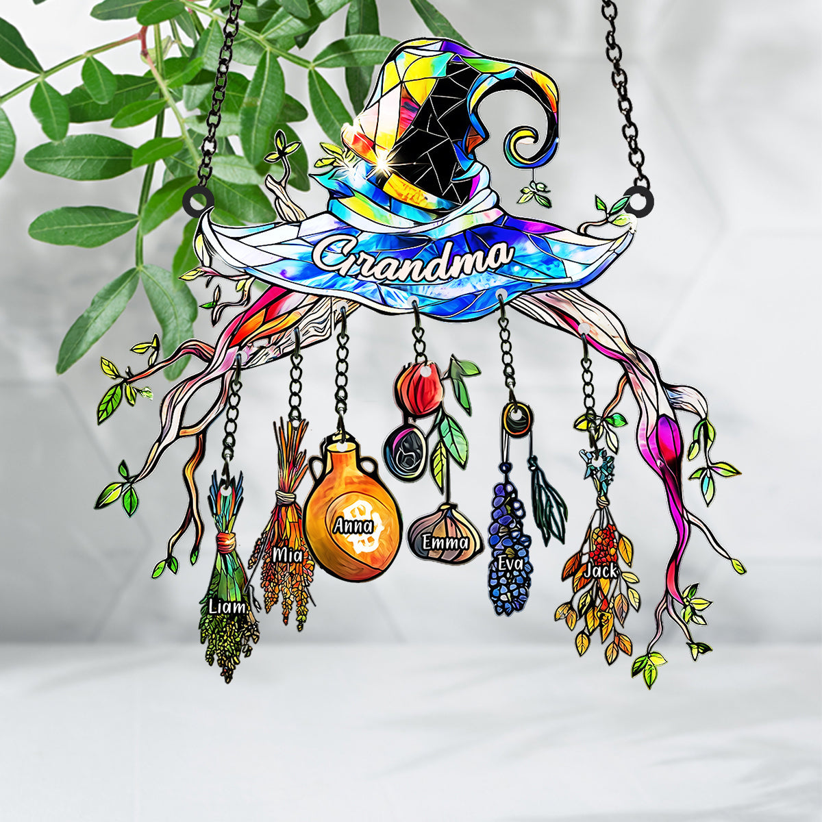 Grandma Mom Witch Hat - Personalized Grandma Window Hanging Suncatcher With Custom Charms