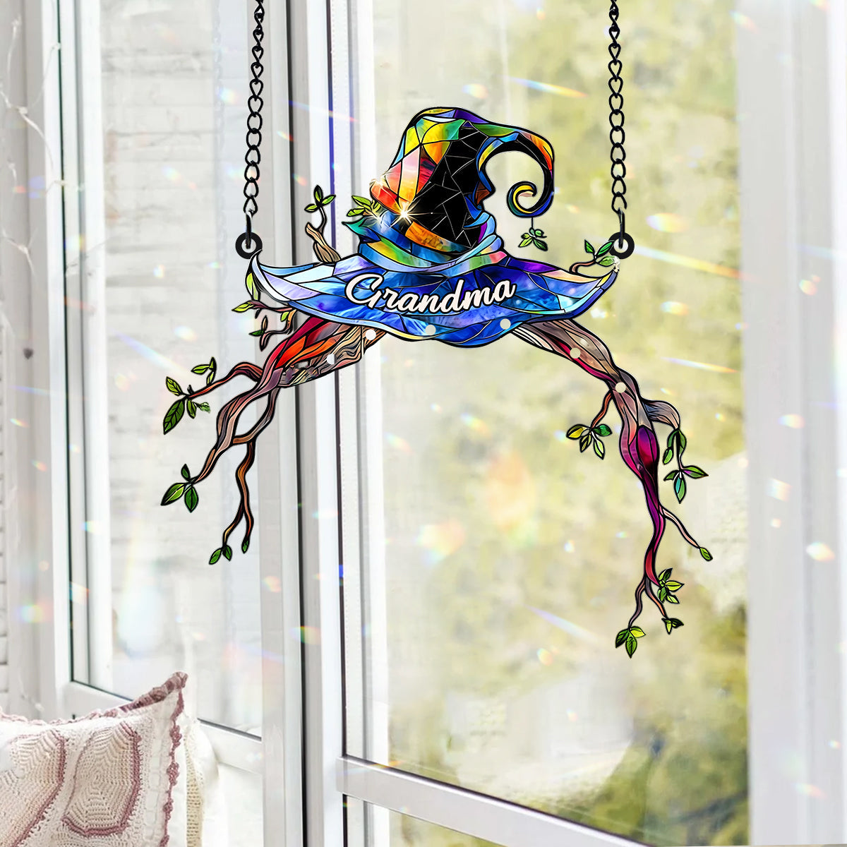 Grandma Mom Witch Hat - Personalized Grandma Window Hanging Suncatcher With Custom Charms