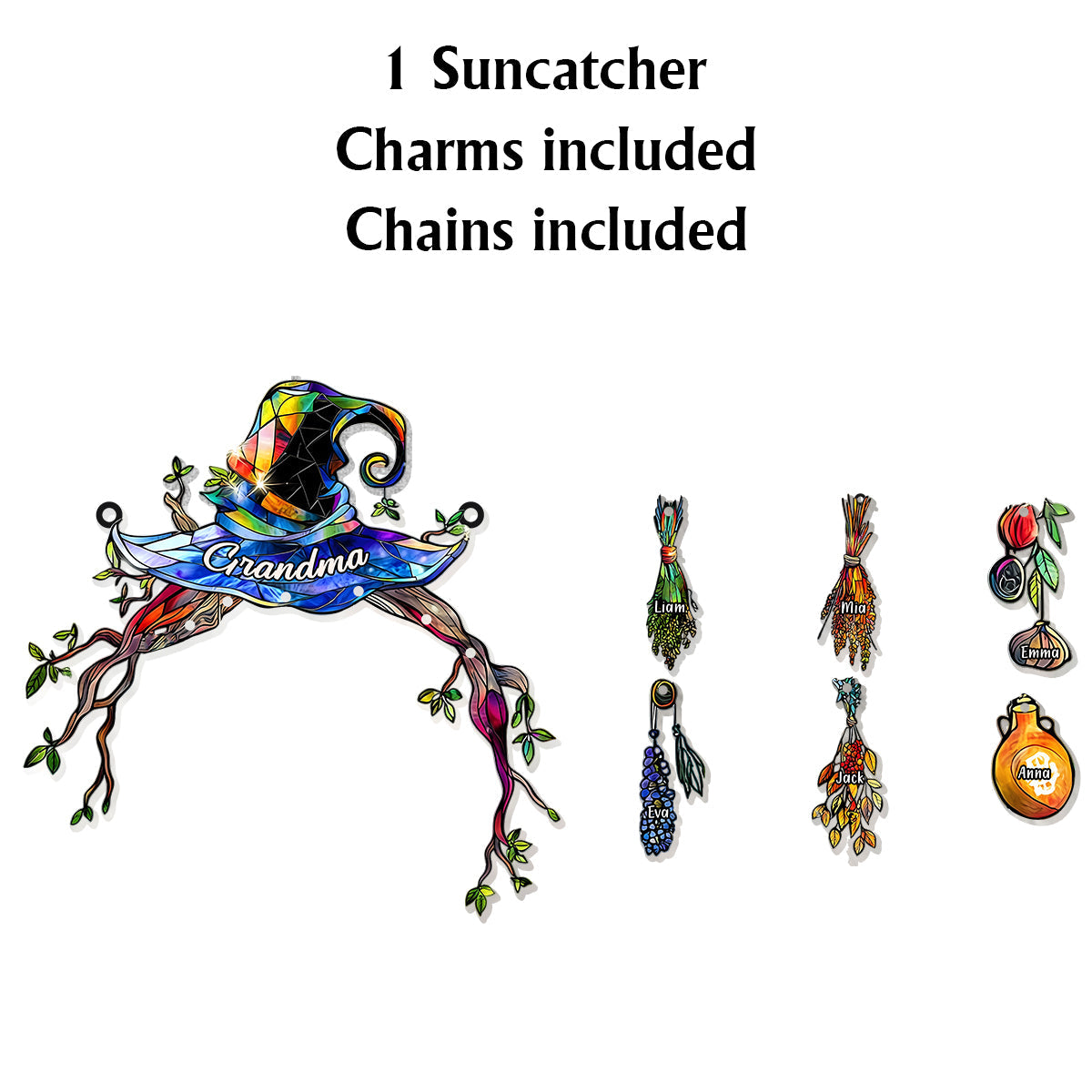 Grandma Mom Witch Hat - Personalized Grandma Window Hanging Suncatcher With Custom Charms