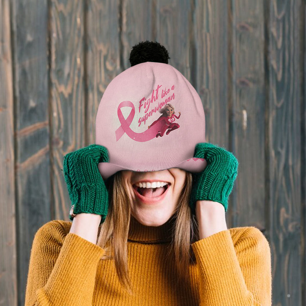 Fight Like a Superwoman, Breast Cancer Awareness - Personalized Breast Cancer Awareness Beanie Hat