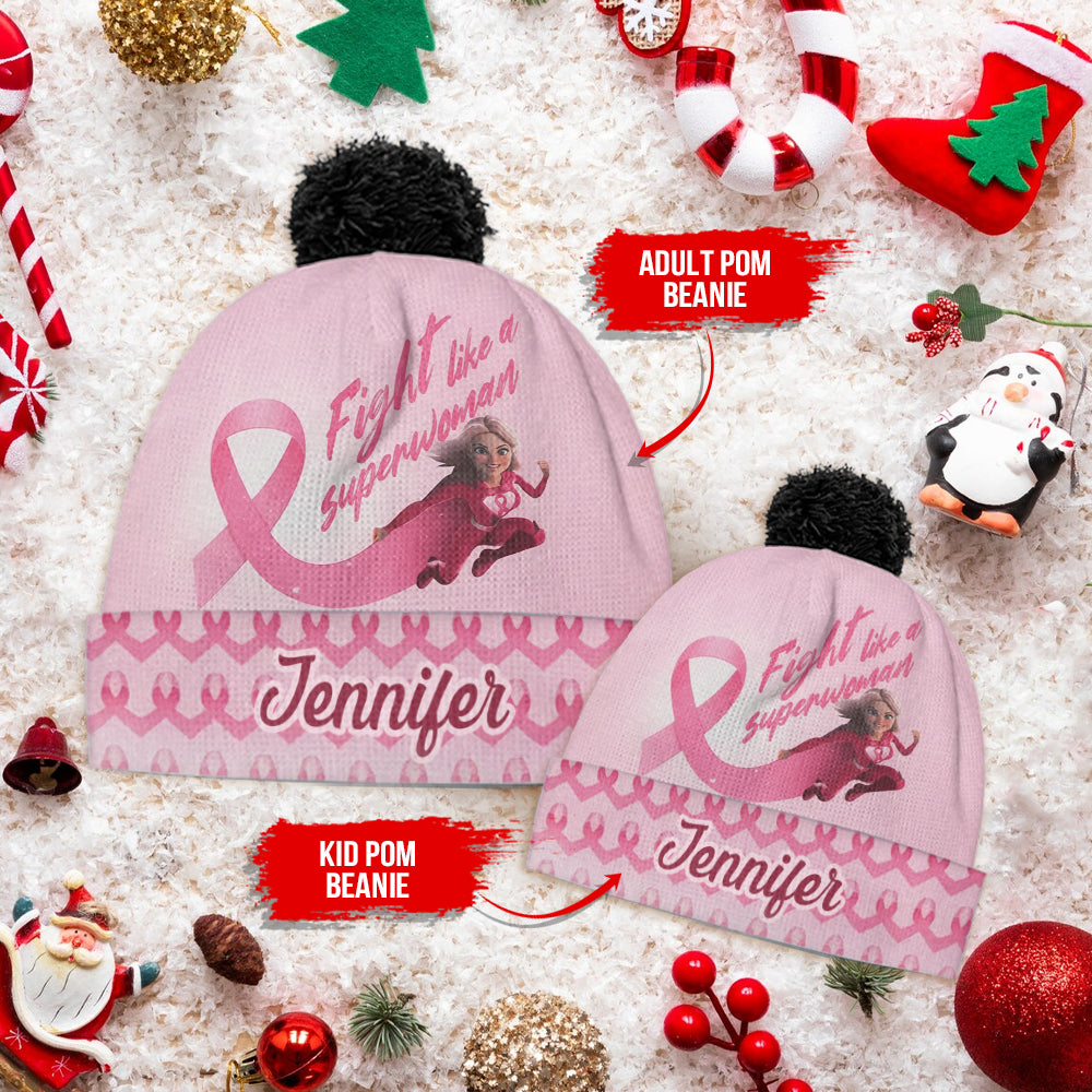 Fight Like a Superwoman, Breast Cancer Awareness - Personalized Breast Cancer Awareness Beanie Hat