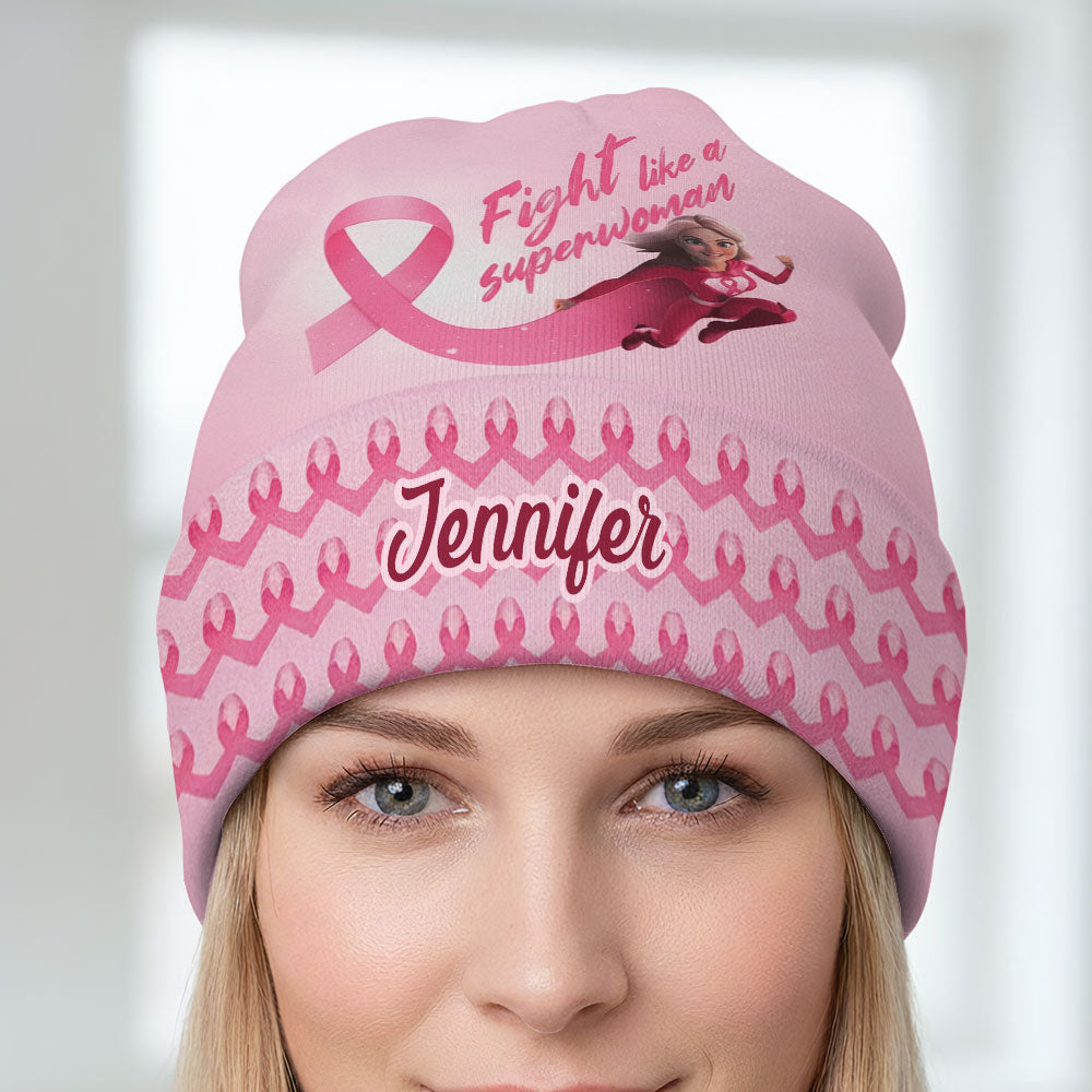 Fight Like a Superwoman, Breast Cancer Awareness - Personalized Breast Cancer Awareness Beanie Hat