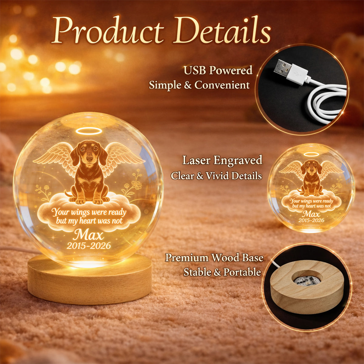 Your Wings Were Ready - Personalized Dog Crystal Ball Night Light