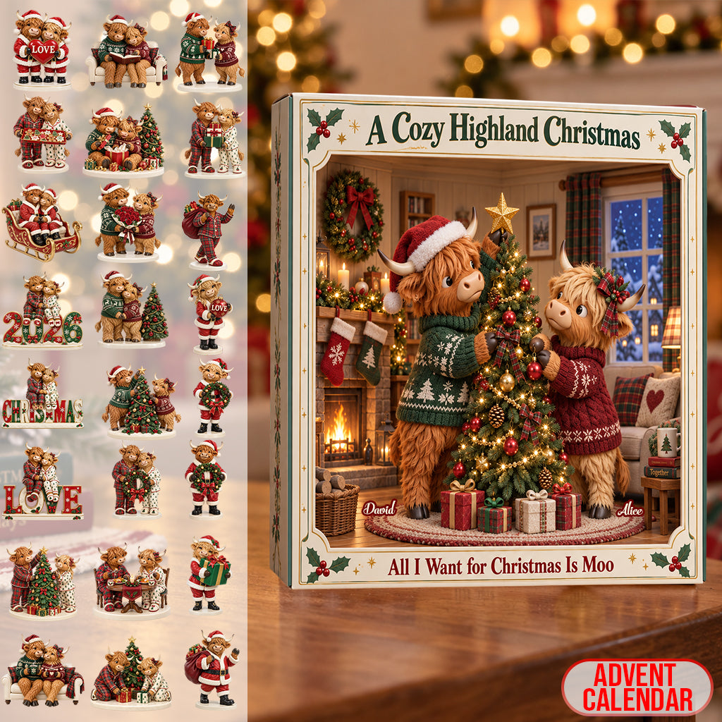 Cadeau de Noël Couple Vache des Highlands - Calendrier de l'Avent Personnalisé avec Ornements