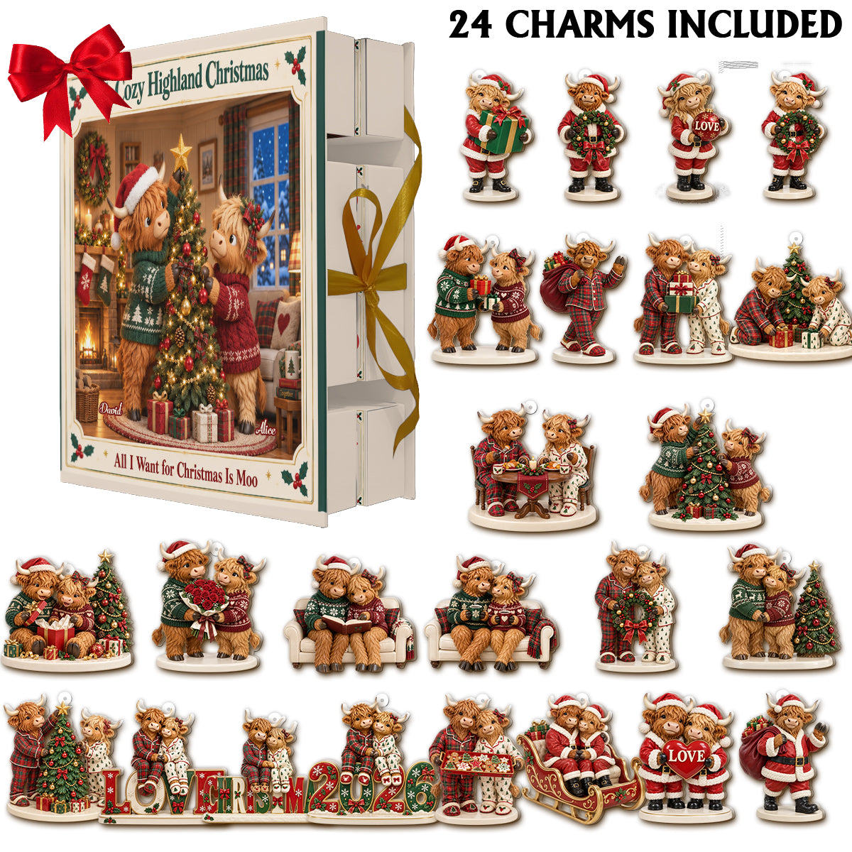 Cadeau de Noël Couple Vache des Highlands - Calendrier de l'Avent Personnalisé avec Ornements