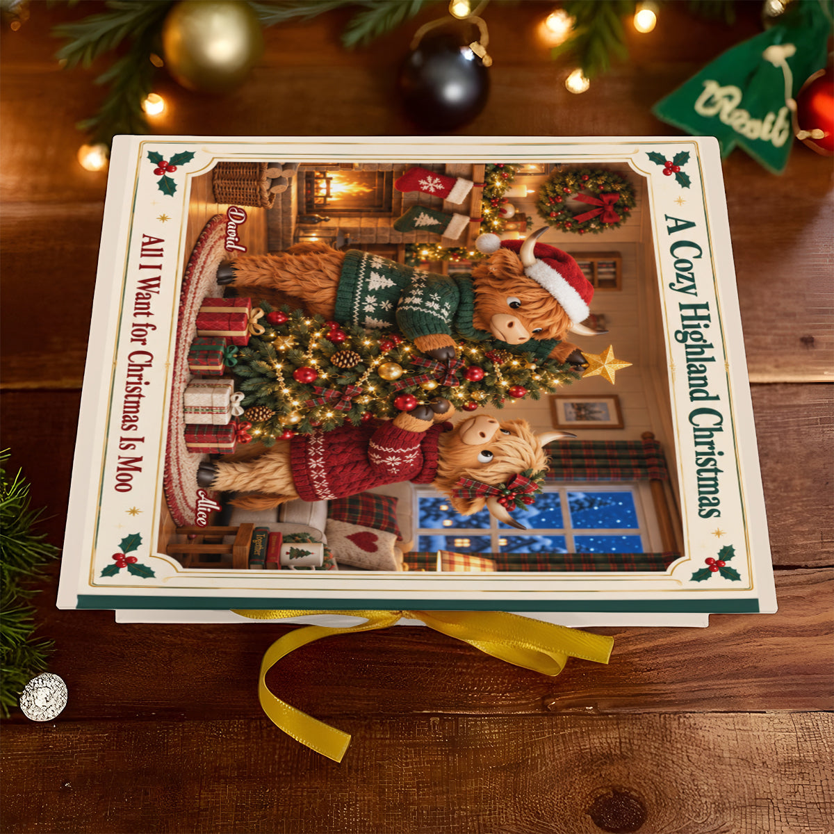Cadeau de Noël Couple Vache des Highlands - Calendrier de l'Avent Personnalisé avec Ornements