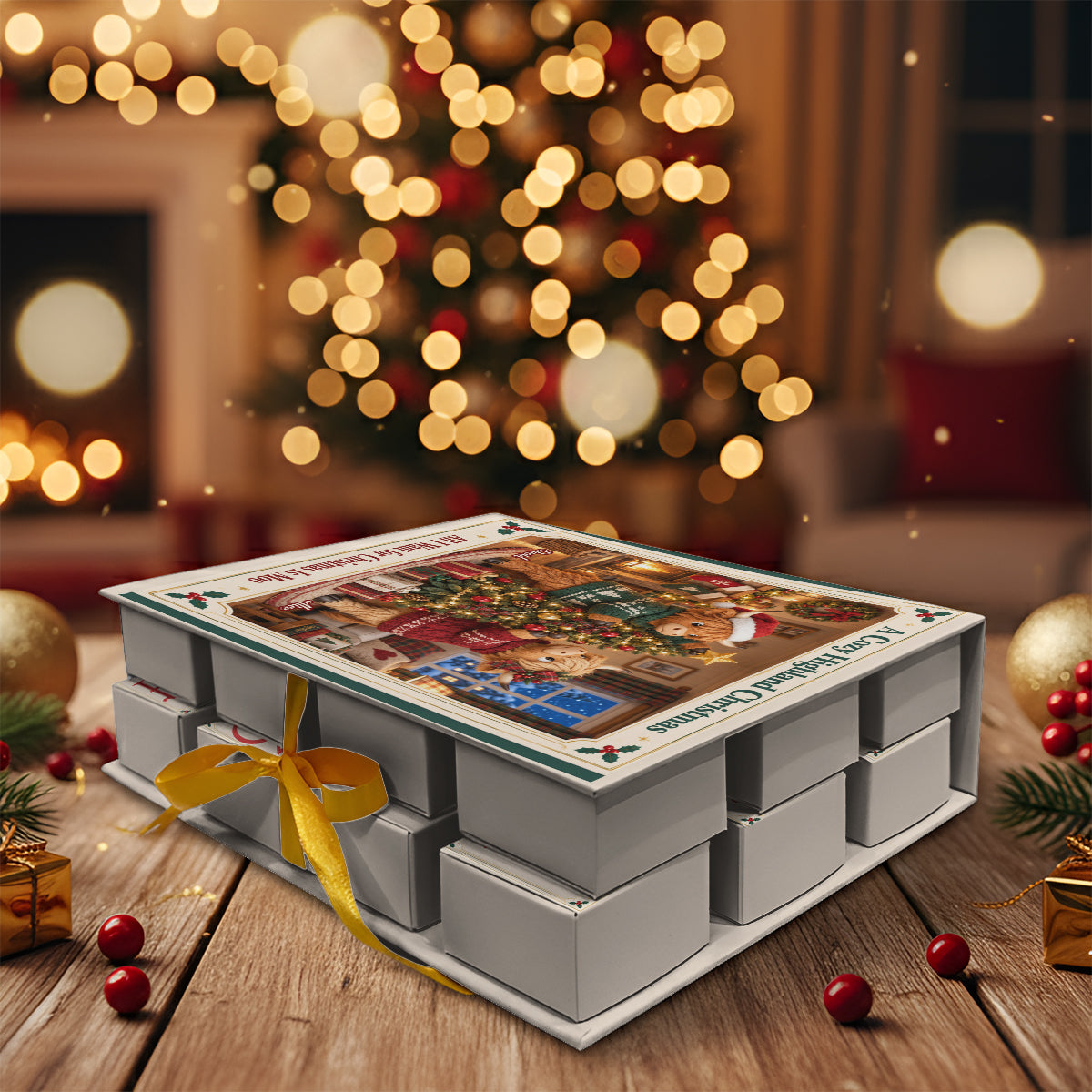 Cadeau de Noël Couple Vache des Highlands - Calendrier de l'Avent Personnalisé avec Ornements