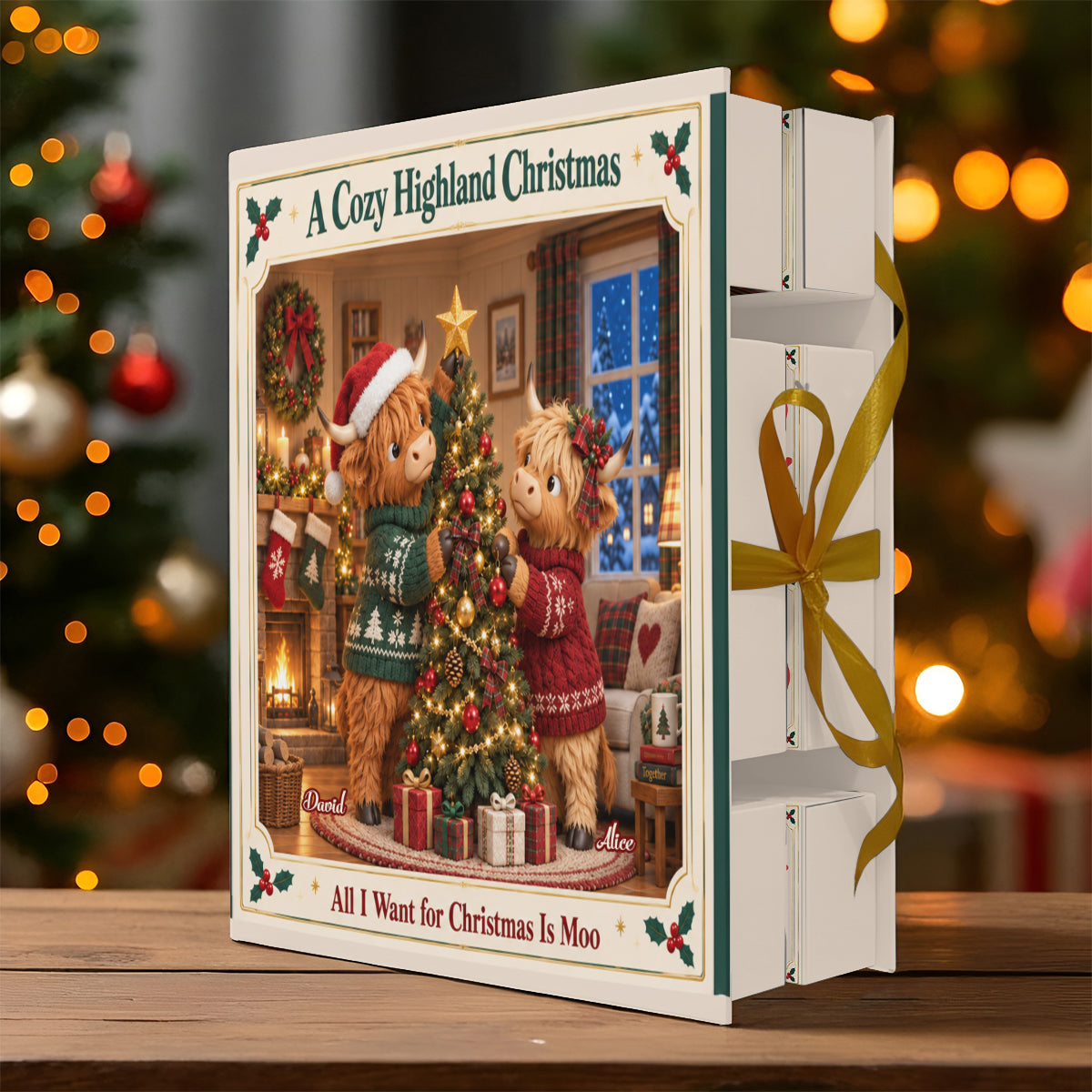 Cadeau de Noël Couple Vache des Highlands - Calendrier de l'Avent Personnalisé avec Ornements