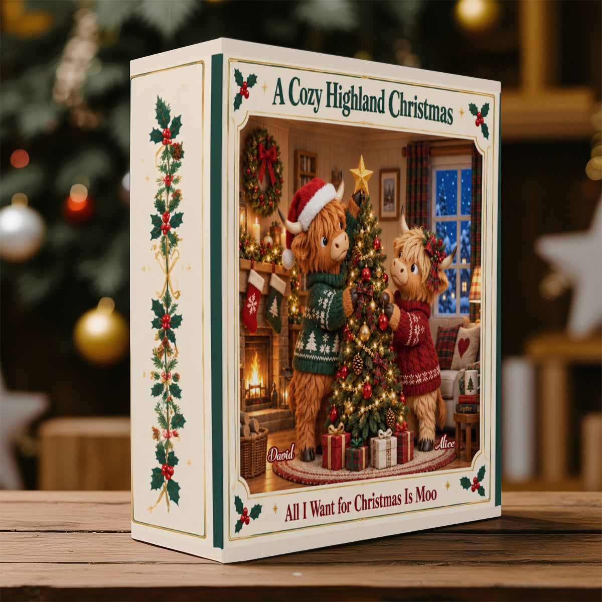 Cadeau de Noël Couple Vache des Highlands - Calendrier de l'Avent Personnalisé avec Ornements