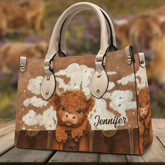 Cute Highland Cow - Personalized Highland Cow Leather Handbag