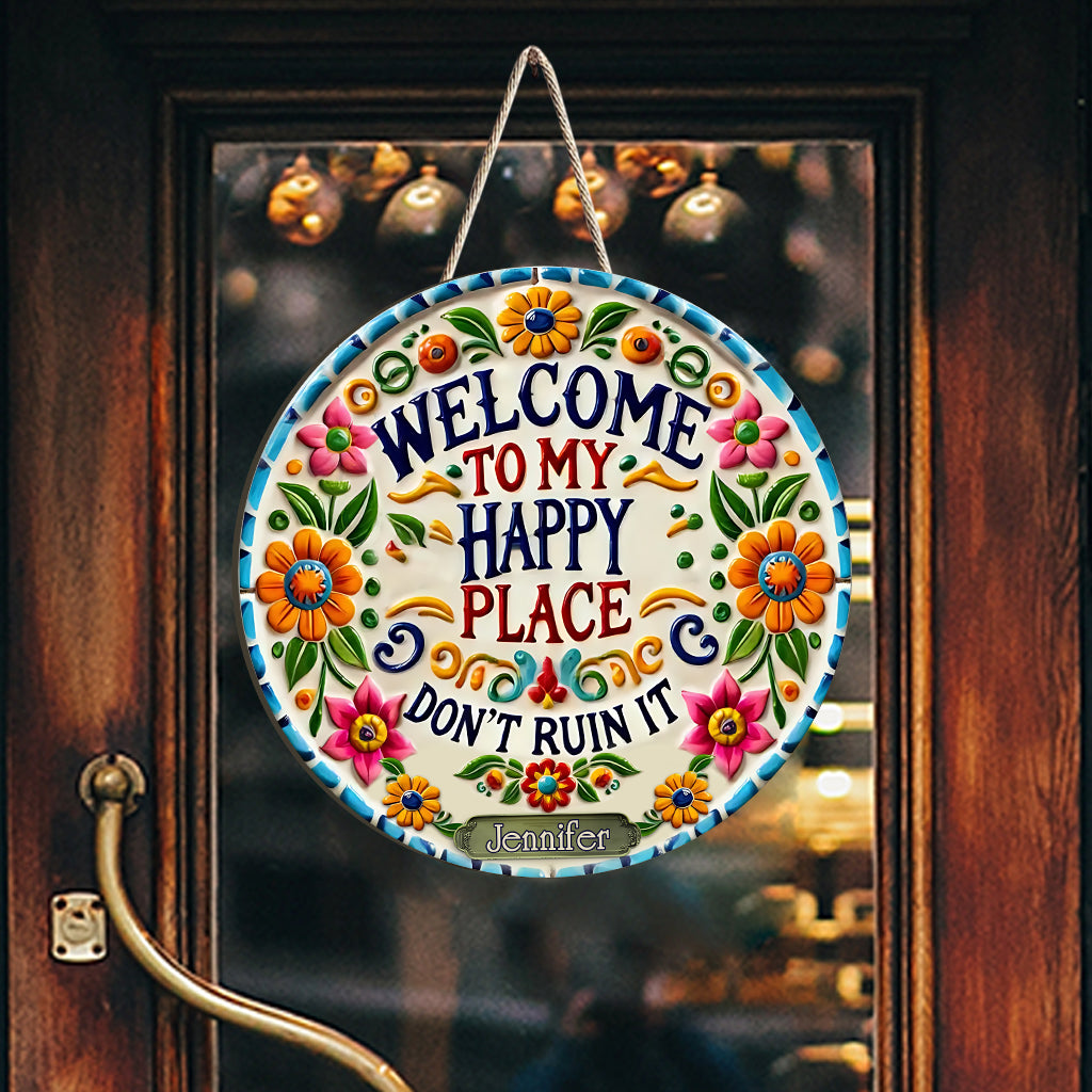 Welcome To My Happy Place - Personalized Hippie Custom Shaped Wood Sign