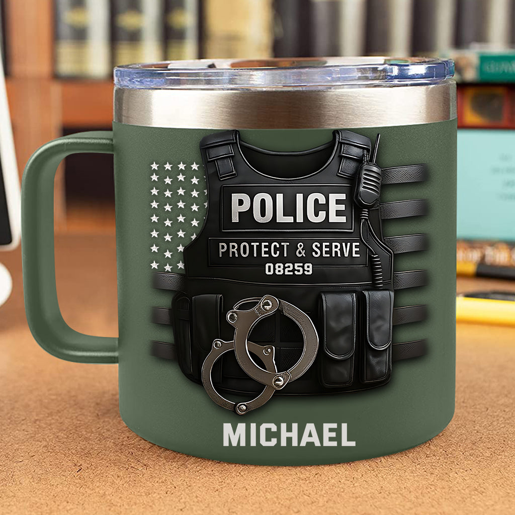 Protect And Serve - Personalized Police Officer Insulated Coffee Mug Travel Tumbler
