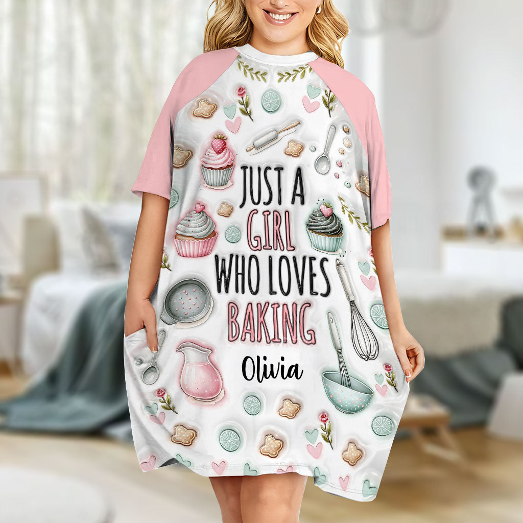 Just A Girl Who Loves Baking - Personalized Baking Sleep T-shirt Dress