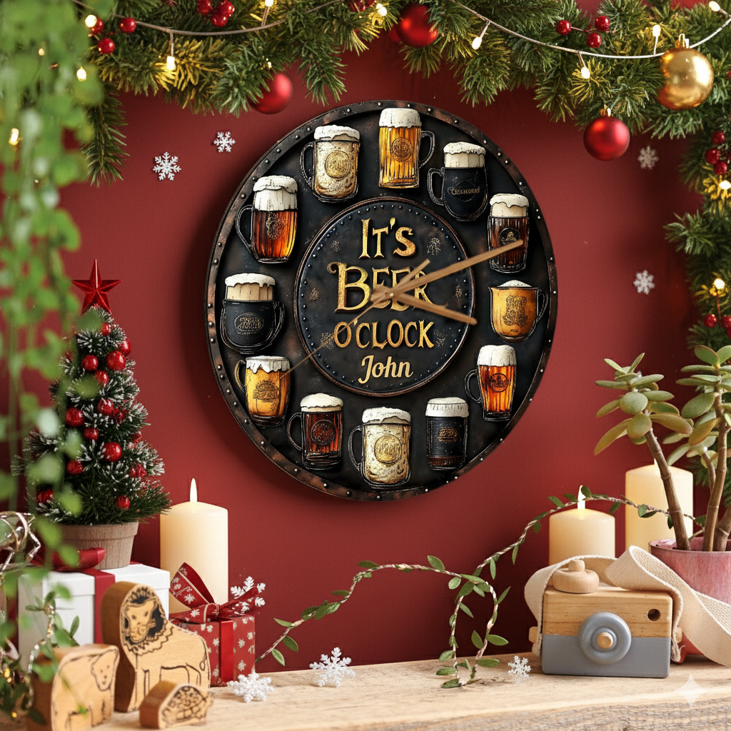 Horloge de Noël à la bière – Horloge murale personnalisée, cadeau pour les amateurs de bière