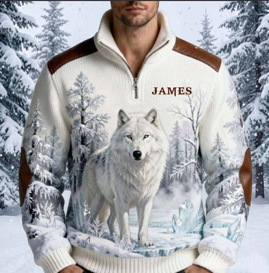 Winterwolf – Personalisierter Wolf-Herren-Sweatshirt mit Reißverschluss
