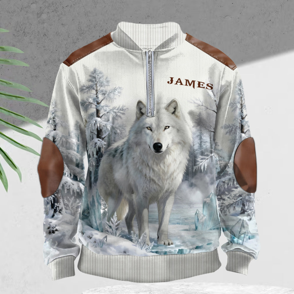 Winterwolf – Personalisierter Wolf-Herren-Sweatshirt mit Reißverschluss