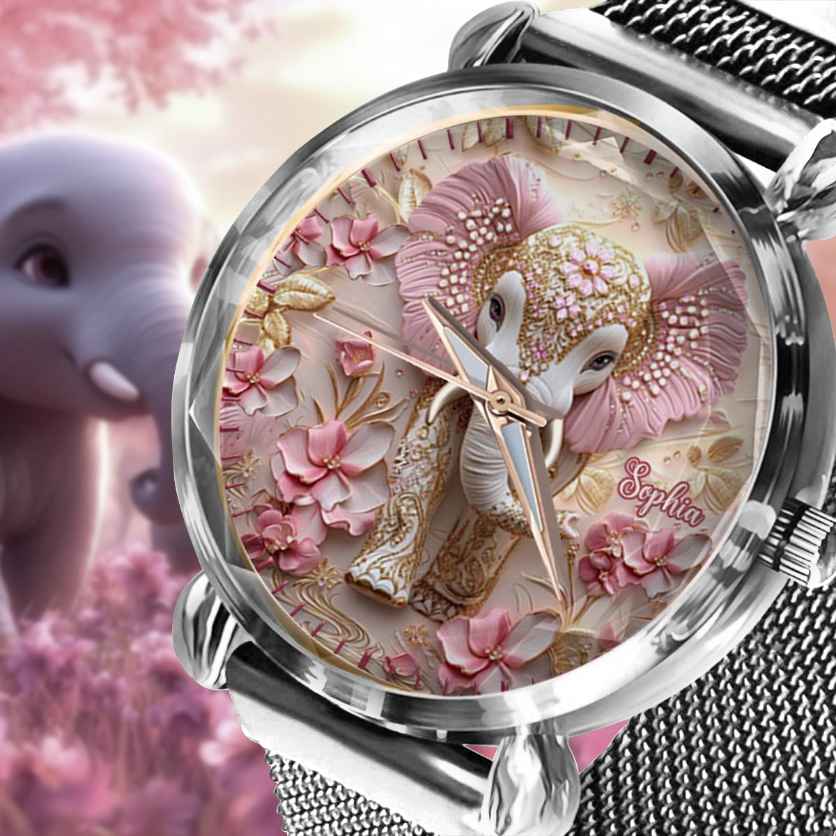 Montre-bracelet personnalisée pour femme avec éléphant rose lumineux - Éléphant rose lumineux