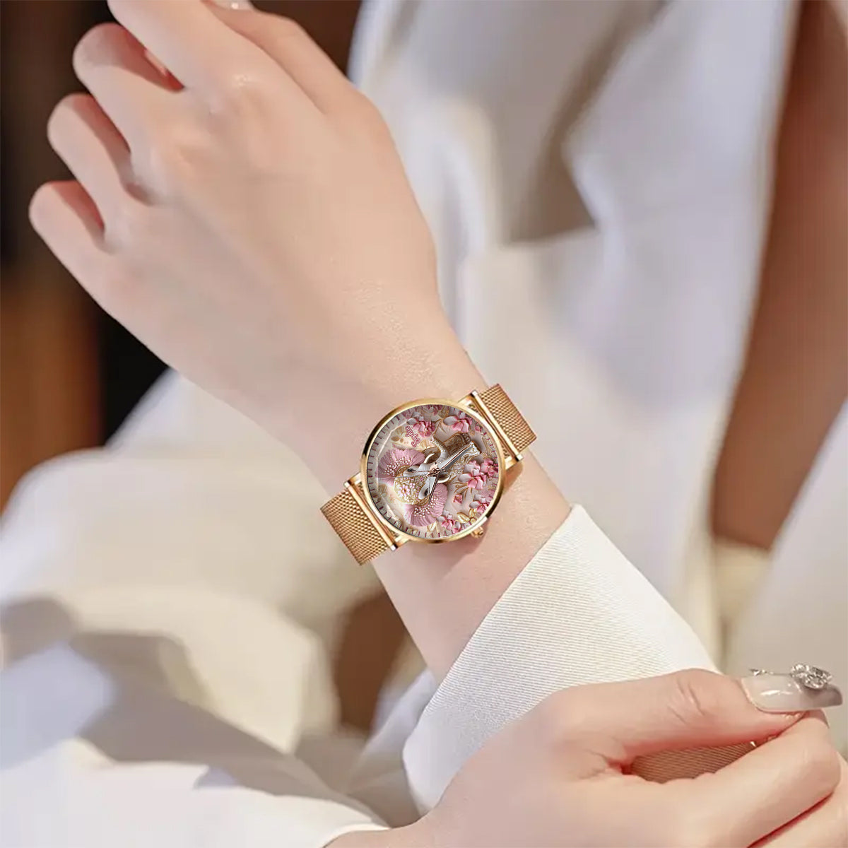 Montre-bracelet personnalisée pour femme avec éléphant rose lumineux - Éléphant rose lumineux