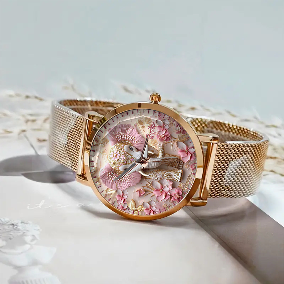 Montre-bracelet personnalisée pour femme avec éléphant rose lumineux - Éléphant rose lumineux