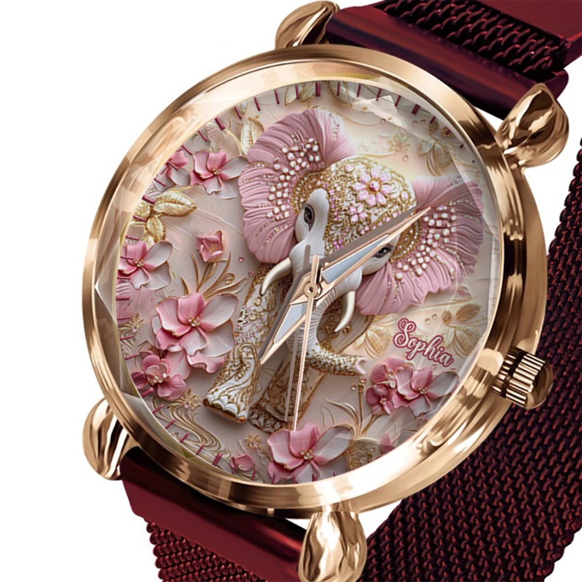 Montre-bracelet personnalisée pour femme avec éléphant rose lumineux - Éléphant rose lumineux