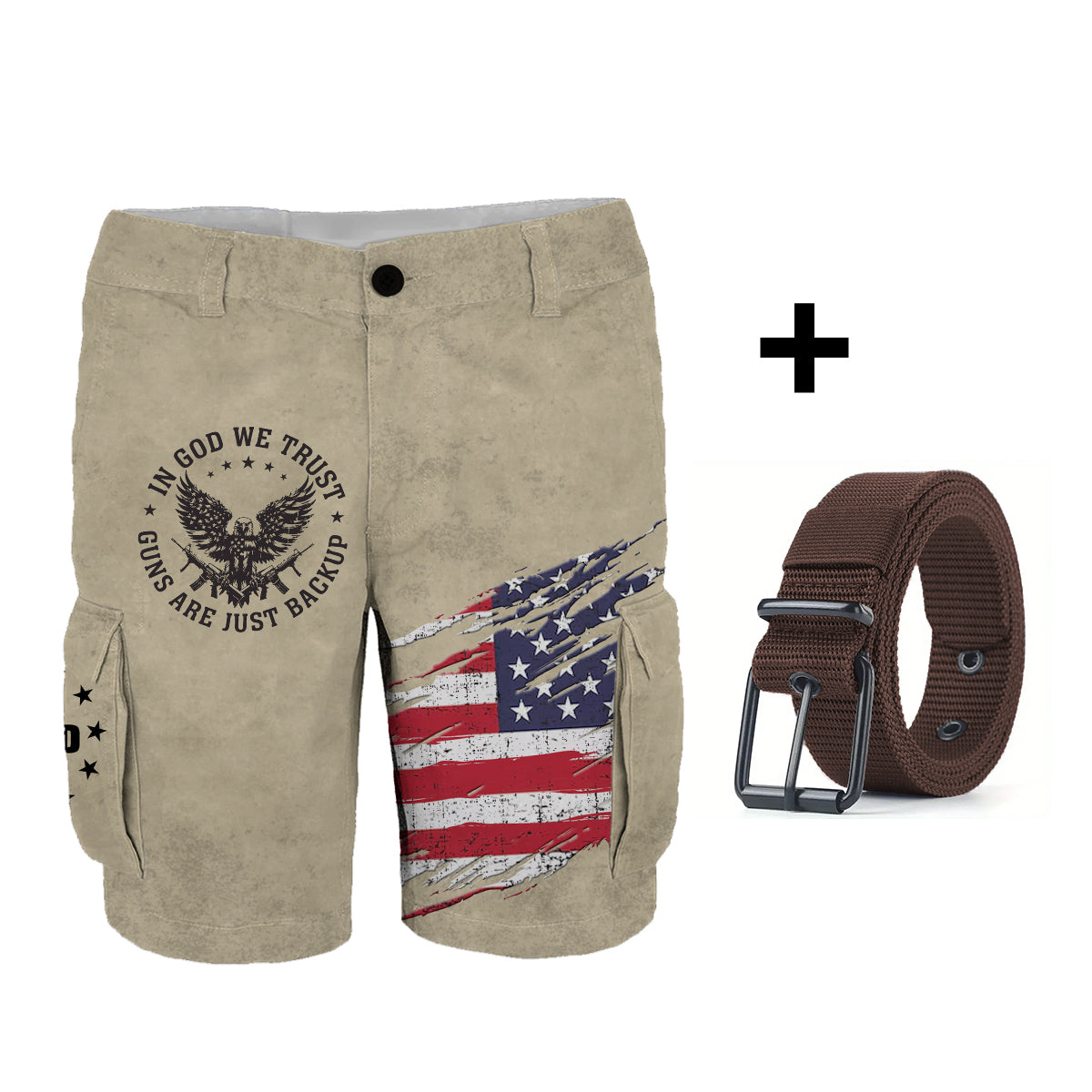 En Dieu nous avons confiance - Short cargo personnalisé avec aigle à tête blanche et ceinture