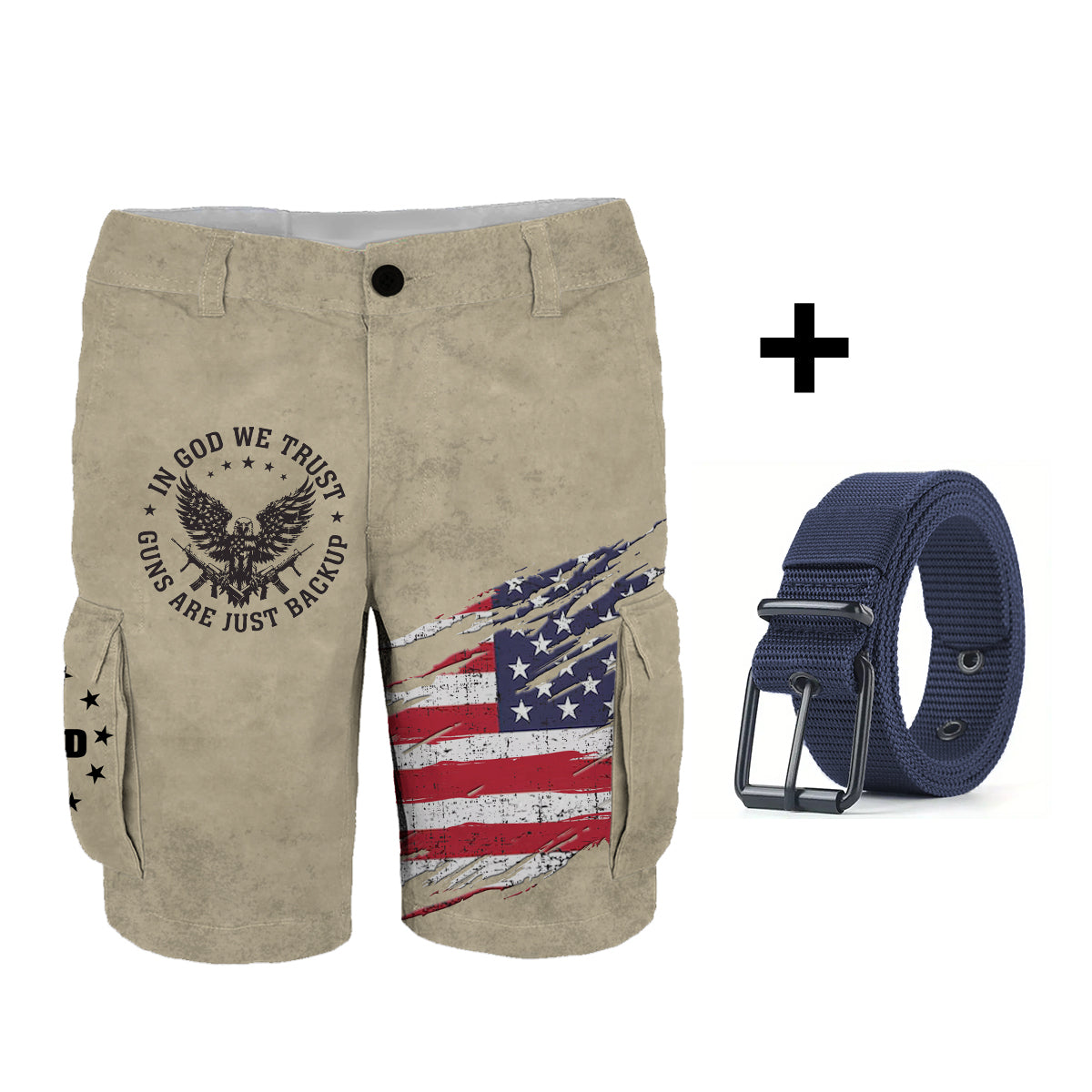 En Dieu nous avons confiance - Short cargo personnalisé avec aigle à tête blanche et ceinture