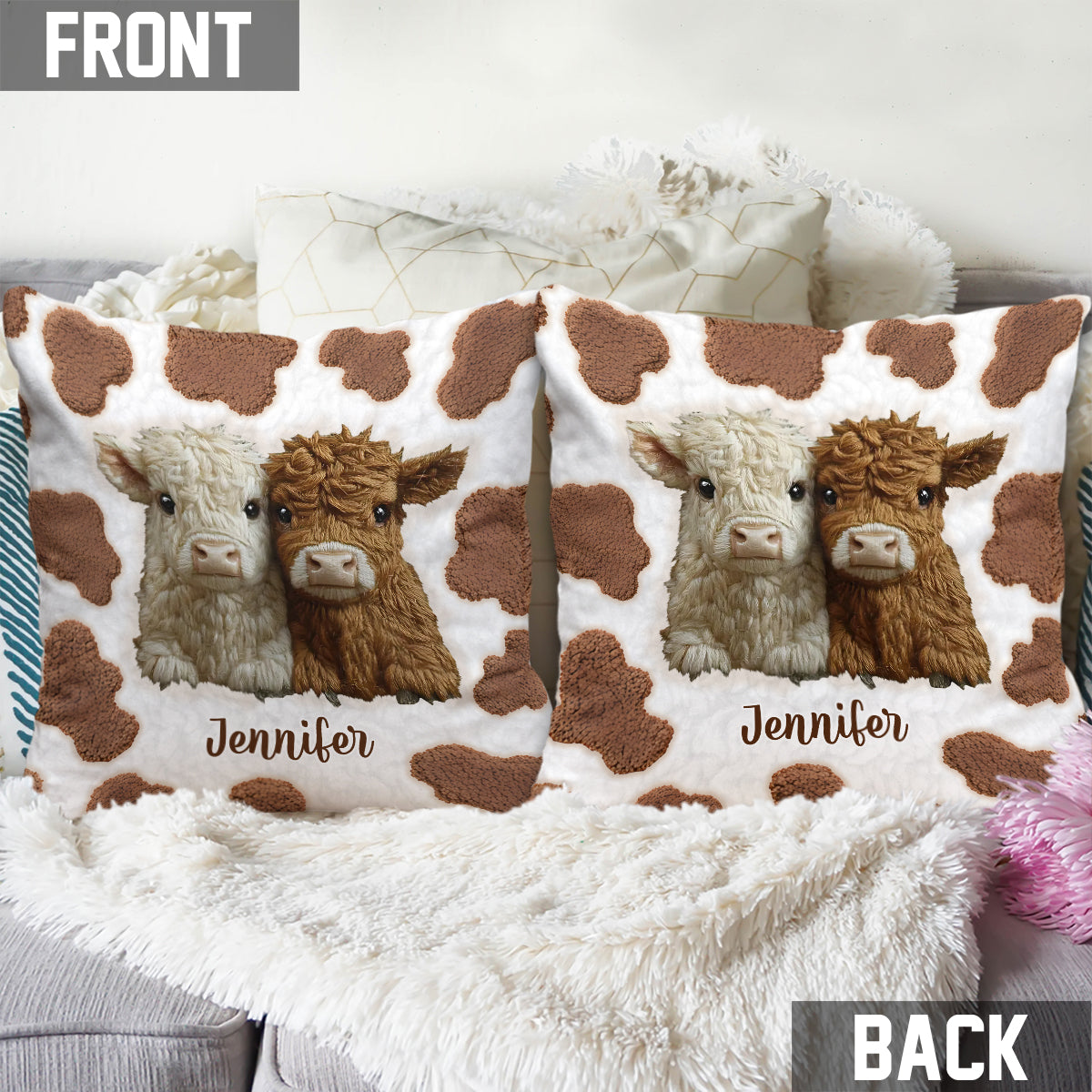 Adorable Highland Cows - Personalized Highland Cow Throw Pillow