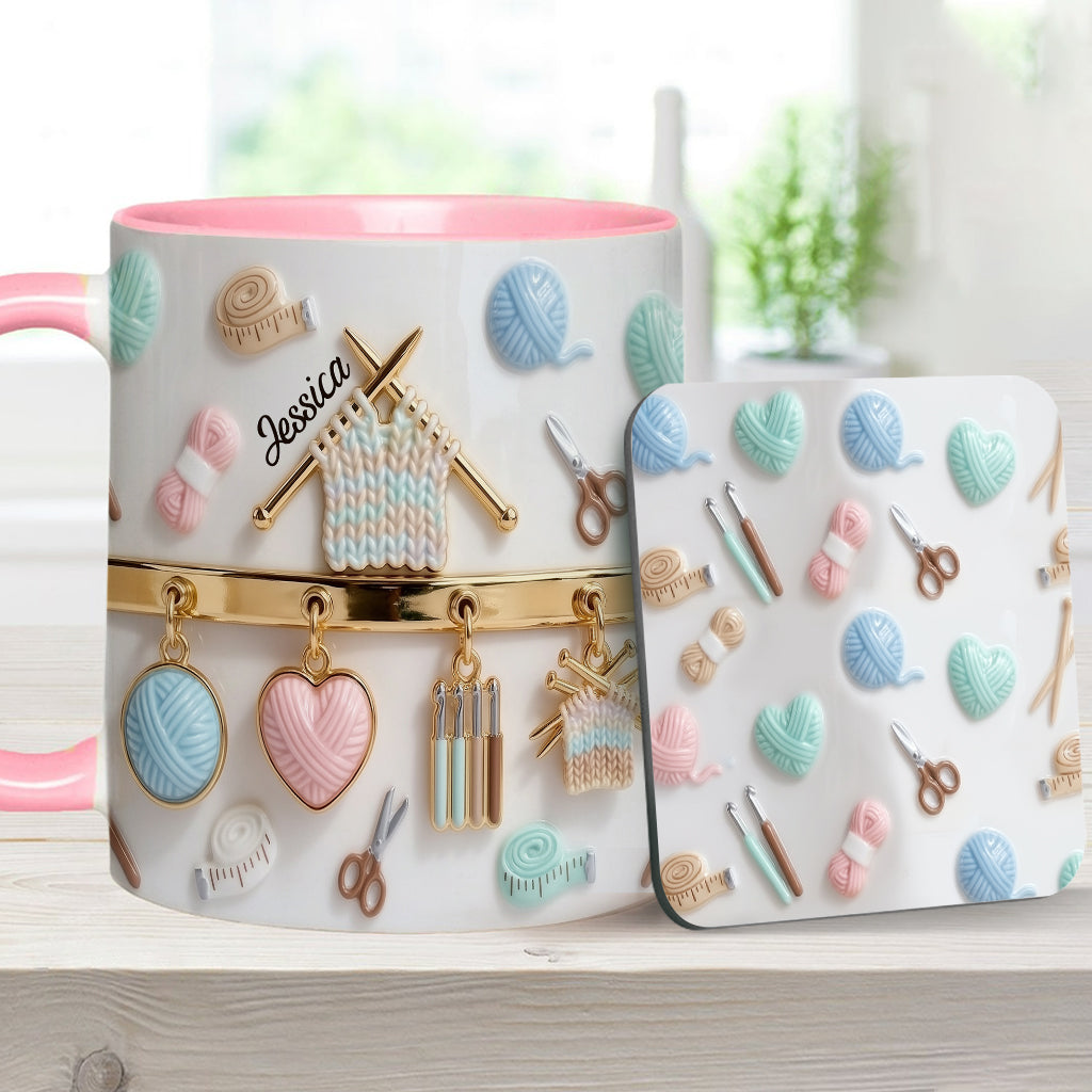 J'adore le crochet/tricot - Mug et sous-verre personnalisés avec motif crochet