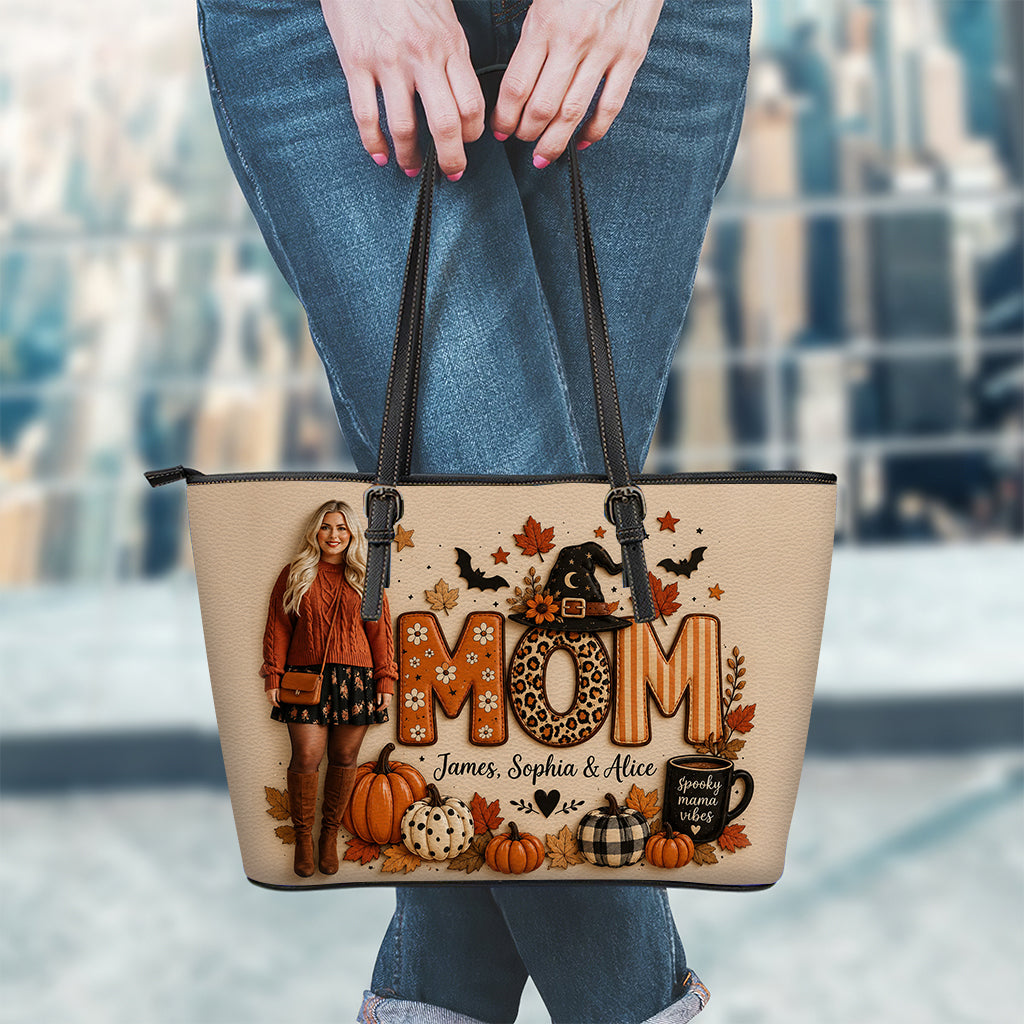 Spooky Mama, Grandma Fall Vibes - Personalized Mother Leather Bag