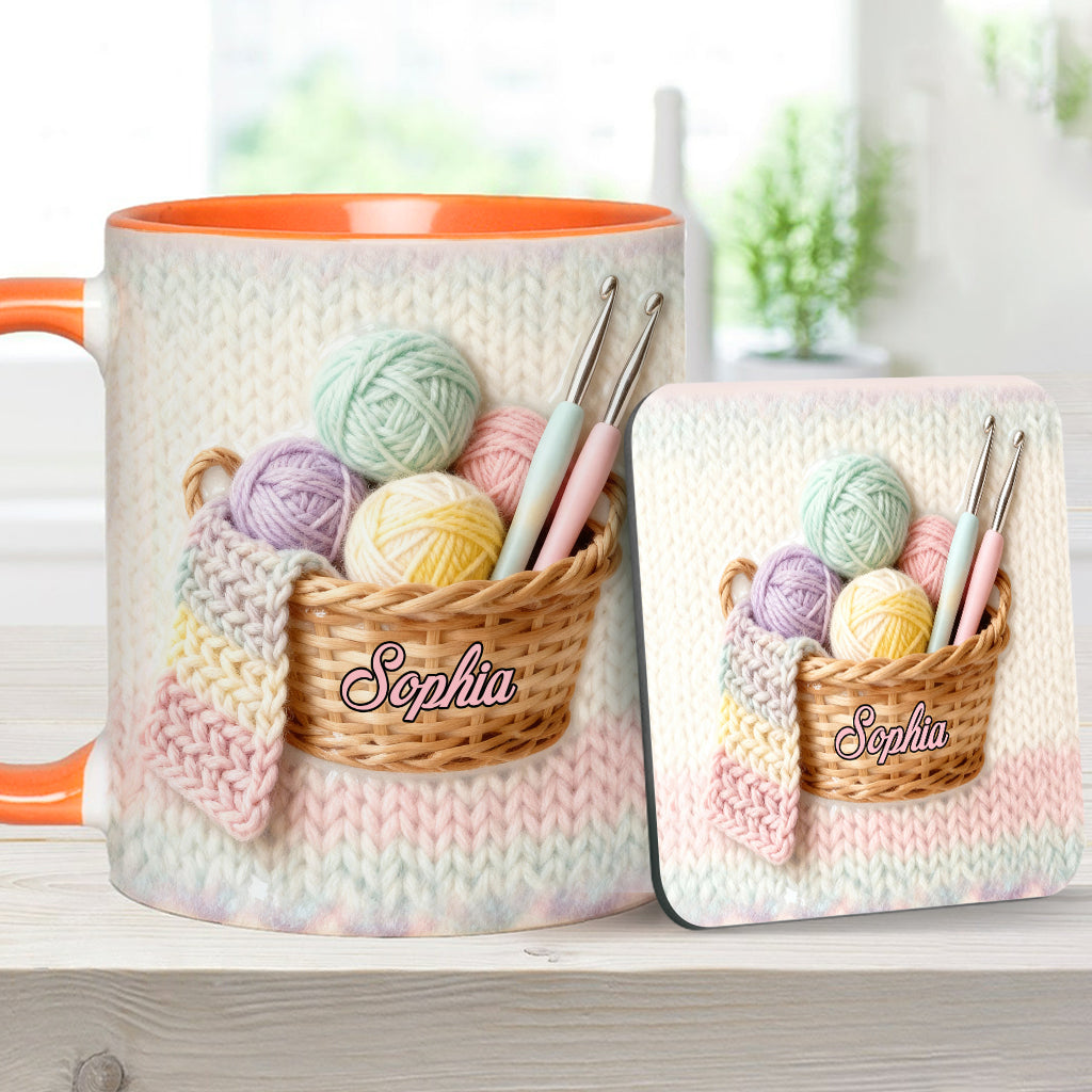 Häkelfans aufgepasst! Personalisierte Tasse und Untersetzer mit Häkelmotiv