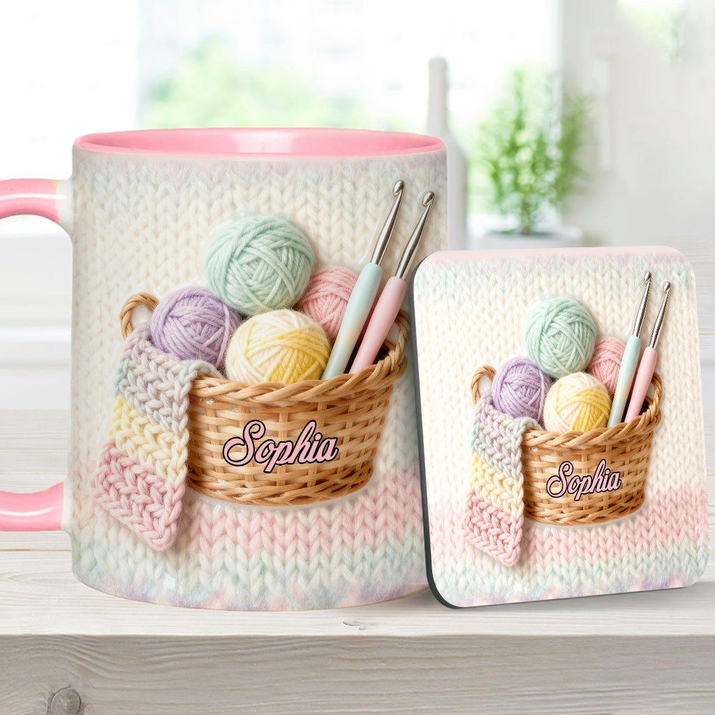 Häkelfans aufgepasst! Personalisierte Tasse und Untersetzer mit Häkelmotiv