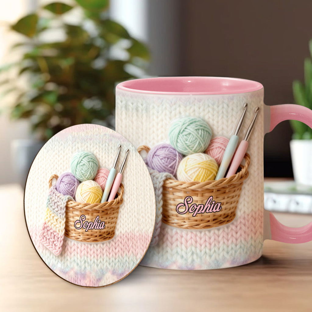 Häkelfans aufgepasst! Personalisierte Tasse und Untersetzer mit Häkelmotiv