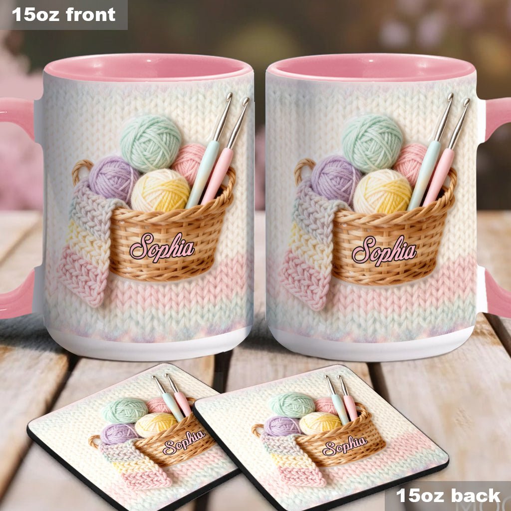 Häkelfans aufgepasst! Personalisierte Tasse und Untersetzer mit Häkelmotiv