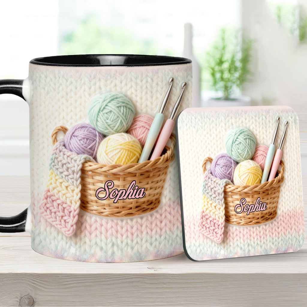 Häkelfans aufgepasst! Personalisierte Tasse und Untersetzer mit Häkelmotiv