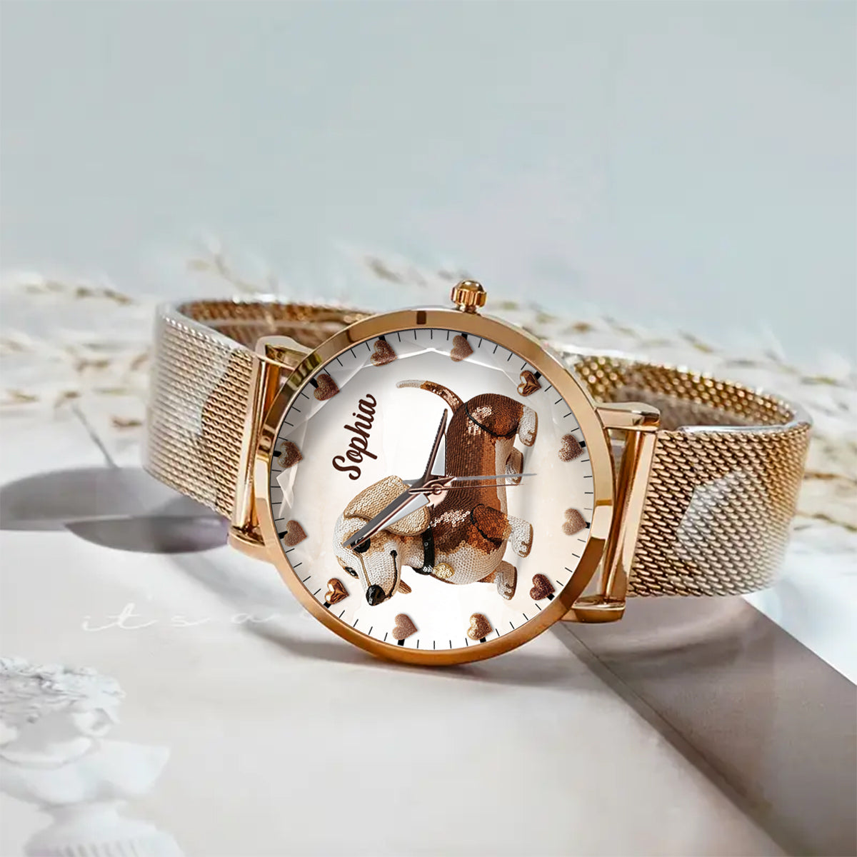 Personalisierte Damen-Handuhr mit Hundemotiv
