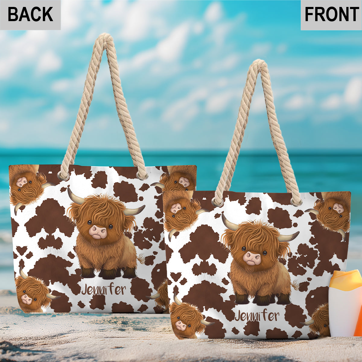 Sac de plage personnalisé avec une adorable vache des Highlands
