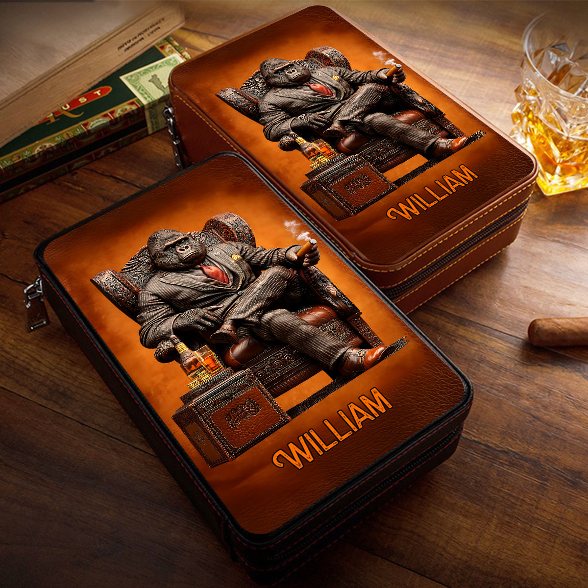 Whiskey & Cigar Gorilla - Personalized Whisky Travel Cigar Humidor Case