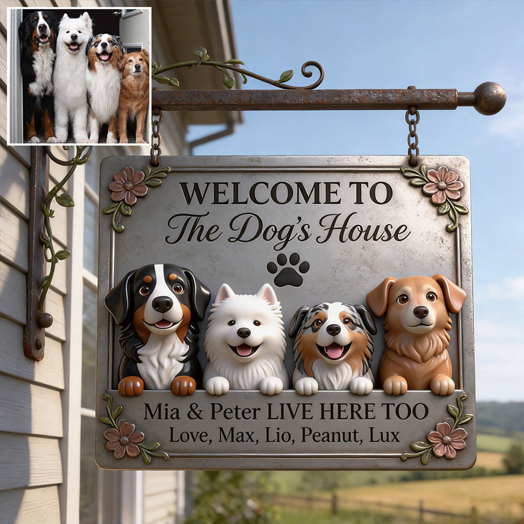 Welcome To Dog's House - Personalized Dog Cut Metal Sign
