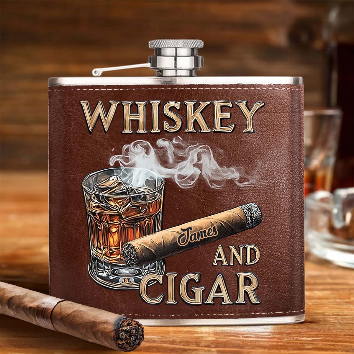 Whiskey And Cigar - Personalized Whisky Hip Flask
