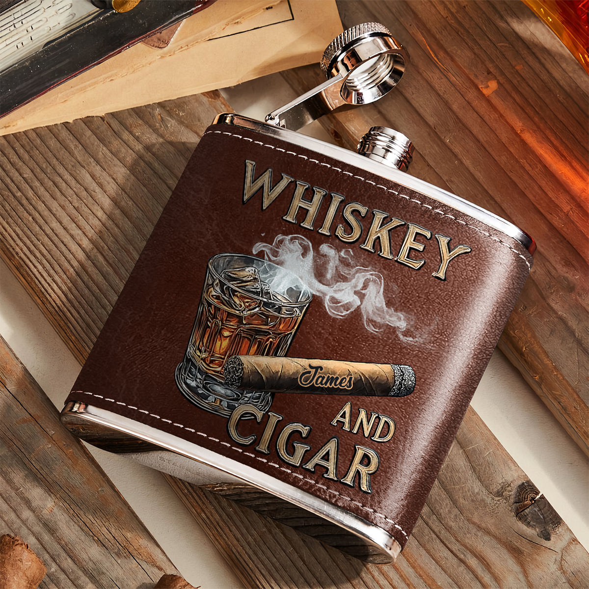 Whiskey And Cigar - Personalized Whisky Hip Flask